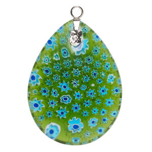 Focal, millefiori glass and silver-finished steel 1pkg1, translucent green / cobalt blue / white, 40x30mm-41x31mm puffed teardrop.
