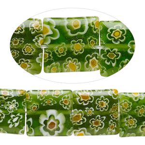 Bead, millefiori glass, translucent green / yellow / white, 14mm puffed square with 0.6-0.8mm hole. Sold per 14-inch strand.