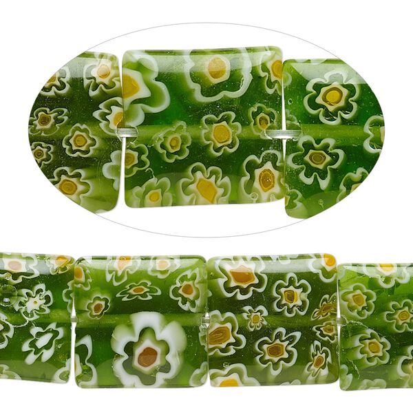Bead, millefiori glass, translucent green / yellow / white, 14mm puffed square with 0.6-0.8mm hole. Sold per 14-inch strand. image number 0