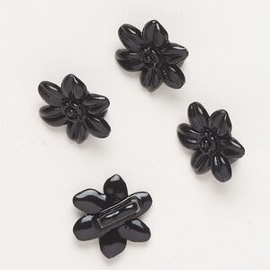 Spacer bar, "pewter" (zinc-based alloy) and enamel, black, 14x12mm 2-strand flower, fits up to 4mm beads. Sold per pkg of 4.