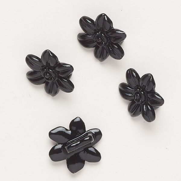 Spacer bar, "pewter" (zinc-based alloy) and enamel, black, 14x12mm 2-strand flower, fits up to 4mm beads. Sold per pkg of 4. image number 0