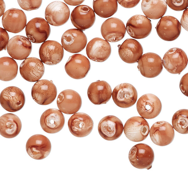 Bead, acrylic, opaque marbled tan / light brown / dark brown, 6mm round. Sold per pkg of 100. image number 0