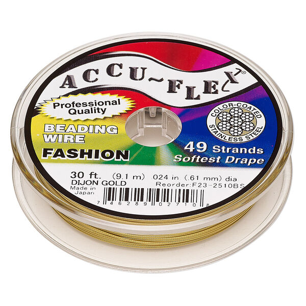 Beading wire, Accu-Flex®, nylon and stainless steel, Dijon gold, 49 strand, 0.024-inch diameter. Sold per 30-foot spool. image number 0