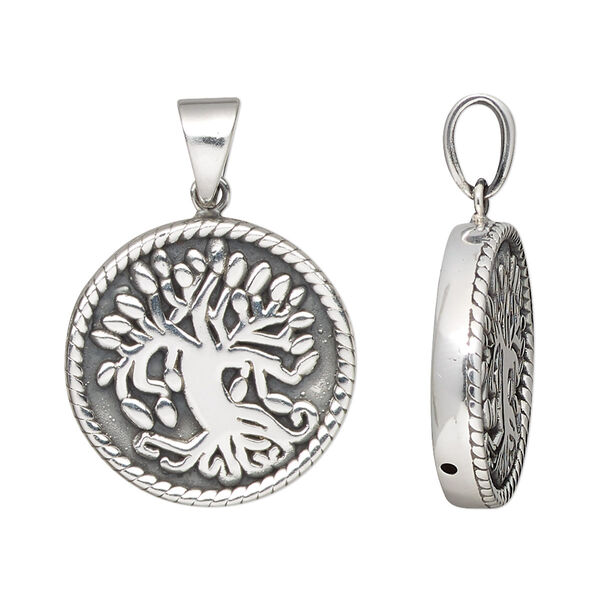 Pendant, antiqued fine silver and sterling silver, electroformed, 21mm single-sided round with tree of life design. Sold individually. image number 0