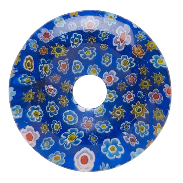 Focal, millefiori glass 1pkg1, translucent cobalt blue and multicolored, 39-40mm undrilled donut. image number 0