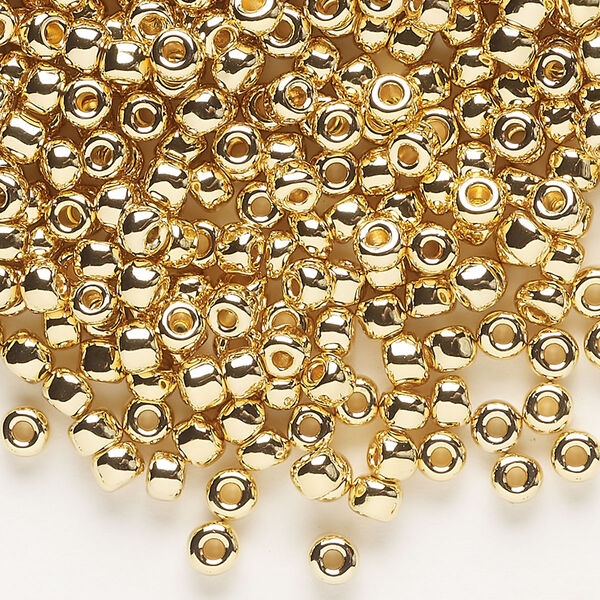 Seed bead, Dyna-Mites™, glass, opaque 24Kt gold-plated, #6 round. Sold per 1/2 kilogram pkg. image number 0