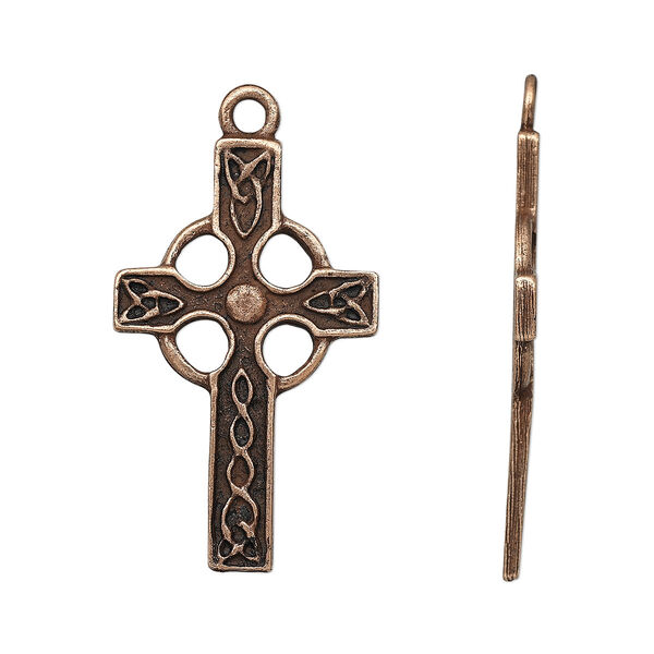 Focal, antique copper-plated pewter (tin-based alloy), 45x27mm Celtic cross. Sold individually. image number 0