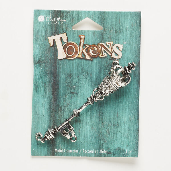 Focal, antique silver-finished "pewter" (zinc-based alloy), 3-1/8 x 3/4 inch scepter key with crown and flower. Sold individually. image number 0