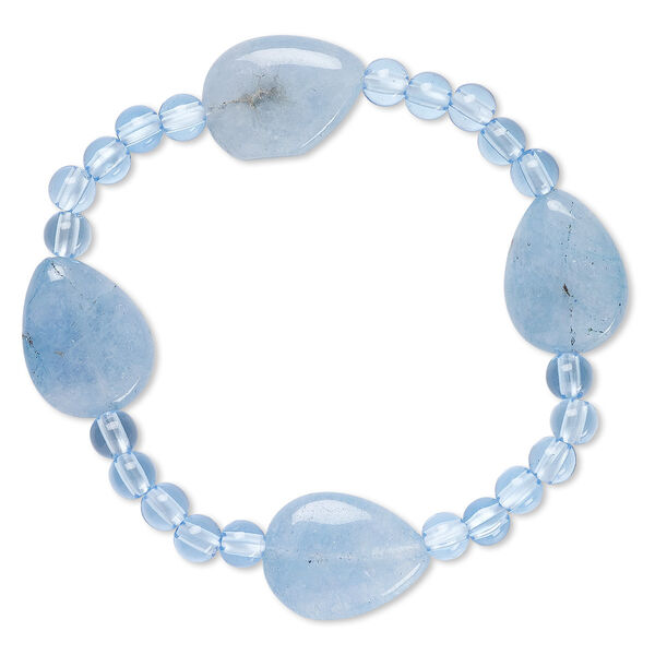 Bracelet, stretch, quartz (dyed) and acrylic, blue, 5mm round and 20x15mm-21x16mm flat teardrop, 6-1/2 inches. Sold individually. image number 0