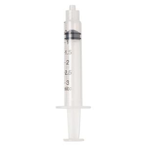 Syringe, plastic, clear and black, 3-1/5 x 9/10 inch, holds up to 3mL. Sold per pkg of 20.