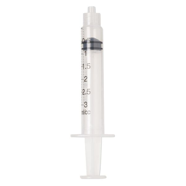 Syringe, plastic, clear and black, 3-1/5 x 9/10 inch, holds up to 3mL. Sold per pkg of 20. image number 0