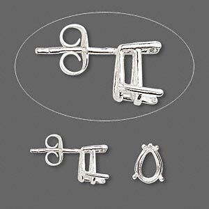 Earstud 1pkg2 Sure-Set™ sterling silver, 9x6mm pear pre-notched 4-prong basket-style setting / earnuts, 1 pair