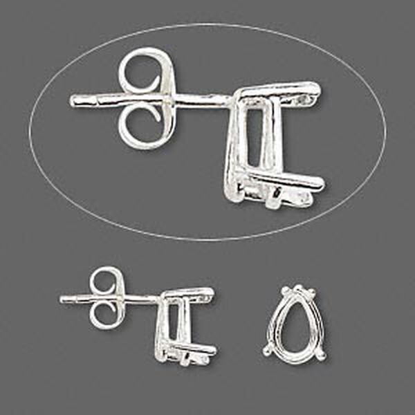 Earstud, Sure-Set™, sterling silver, 9x6mm with 4-prong pear basket setting. Sold per pair. image number 0