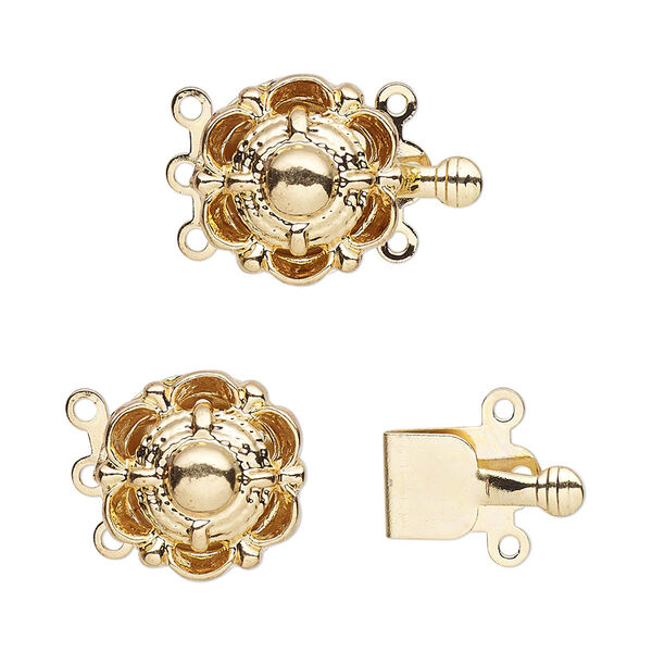 Clasp, 3-strand tab, gold-finished brass, 14mm round with scallop design. Sold per pkg of 10. image number 0