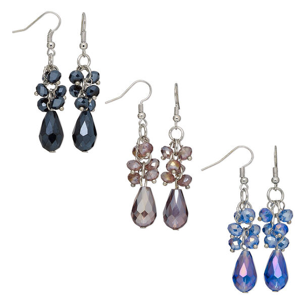 Earring mix, glass and silver-plated steel, amethyst purple AB / blue AB / black luster, 2 inches with fishhook ear wire. Sold per pkg of 3 pairs. image number 0