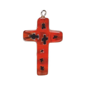 Focal, millefiori glass and silver-finished steel 1pkg1, translucent red / black / white, 33x20mm-36x21mm cross.