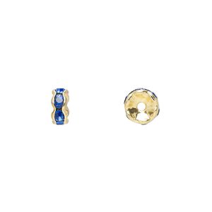 Bead, glass rhinestone and gold-finished brass, sapphire blue, 6x3mm rondelle. Sold per pkg of 10.