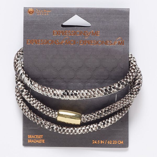 Bracelet, wrap, vinyl and gold-finished steel, brown / white / grey, 6mm wide with snakeskin design, 24-1/2 inches with magnetic clasp. Sold individually. image number 0