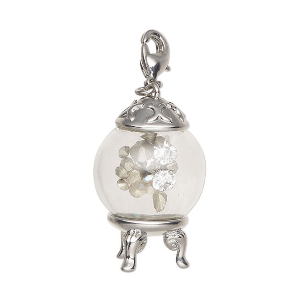 Charm crystal brass 1pk 12x8mm snow globe with chatons and lobster claw clasp, crystal clear silver finish image number 0