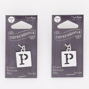 Drop, silver-finished "pewter" (zinc-based alloy) and steel, 16x15mm square with cutout alphabet letter "P." Sold per pkg of 2.