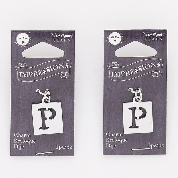 Drop, silver-finished "pewter" (zinc-based alloy) and steel, 16x15mm square with cutout alphabet letter "P." Sold per pkg of 2. image number 0