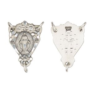 Connector, Britannia pewter (tin-based alloy), 22x16mm two-sided diamond-cut rosary with Miraculous Medal. Sold individually.