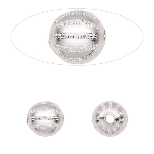 Bead, sterling silver, 10mm fluted round with laser-cut melon design. Sold individually. image number 0