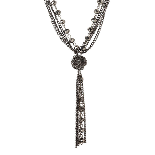 Necklace, 4-strand, glass and gunmetal-finished steel, clear and silver, 8x6mm faceted rondelle, 27 inches with 2-inch extender chain and lobster claw clasp. Sold individually. image number 0