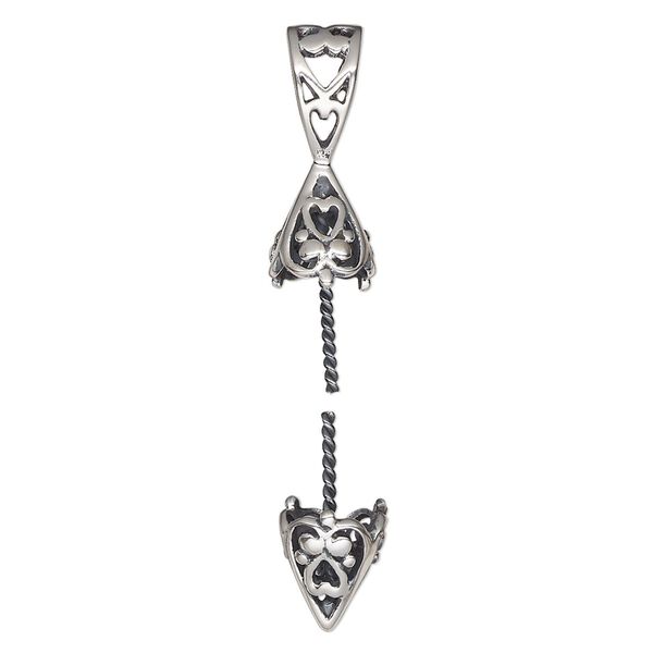 Bail, antiqued sterling silver, 19x8mm cap with heart and flower design and 9.5x8mm bottom with 8.5mm post, fits bead with 1.5-2mm hole. Sold per 2-piece set. image number 0