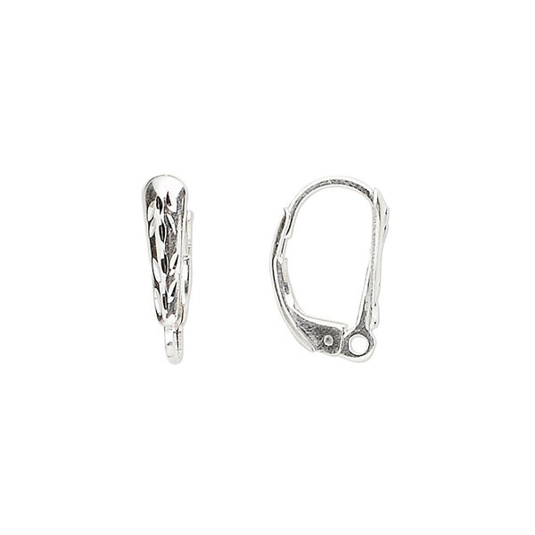 Ear wire leverback 1pkg2 sterling silver, 16mm / 11x3mm diamond-cut shield / closed loop, 1 pair image number 0