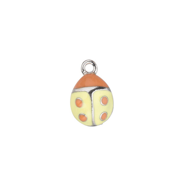 Charm, antiqued pewter (tin-based alloy) with enamel, yellow, 12x10mm single-sided ladybug. Sold individually. image number 0