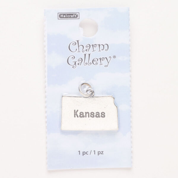 Charm, steel and enamel, pkg/1, silver finish and black, 24x15mm with "Kansas." image number 0