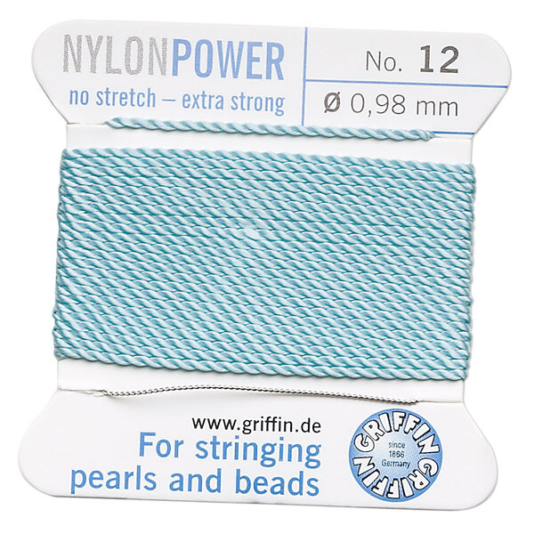 Thread, Griffin, nylon, turquoise blue, size #12. Sold per 2-meter card (approximately 78 inches). image number 0