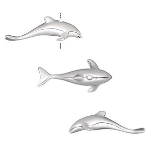 Bead, silver-plated brass, 22x6.5mm vertically-drilled 3D dolphin. Sold individually.
