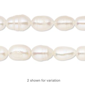 Pearl, cultured freshwater (bleached), white, 7-9mm rice, D grade, Mohs hardness 2-1/2 to 4. Sold per 15-inch strand.