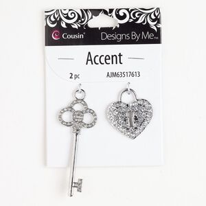 Focal assortment 1pkg2 silver-finished brass / glass rhinestone, clear, 59x24mm key and 30x28mm padlock.