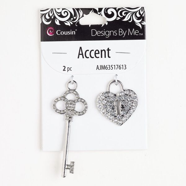 Focal assortment 1pkg2 silver-finished brass / glass rhinestone, clear, 59x24mm key and 30x28mm padlock. image number 0