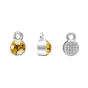 Drop, silver-finished "pewter" (zinc-based alloy) and glass rhinestone, topaz yellow, 8mm faceted round, November birthstone. Sold per pkg of 4.