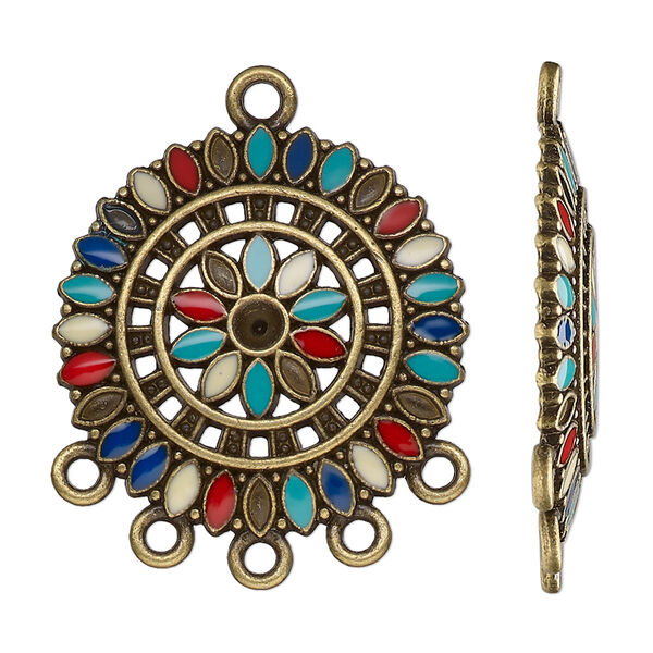 Drop, antique brass-finished "pewter" (zinc-based alloy) and resin, multicolored, 28.5mm single-sided round with 5 closed loops. Sold per pkg of 4. image number 0