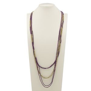 Necklace, glass and gold-finished steel, light purple and dark purple, 40 inches with 2-inch extender chain and lobster claw clasp. Sold individually.