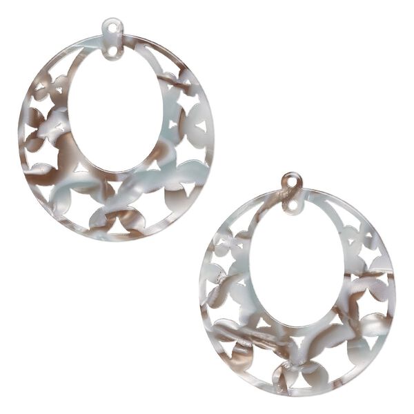 Focal, resin, grey and brown, 40x38mm oval go-go with flowers and loop. Sold per pkg of 2. image number 0