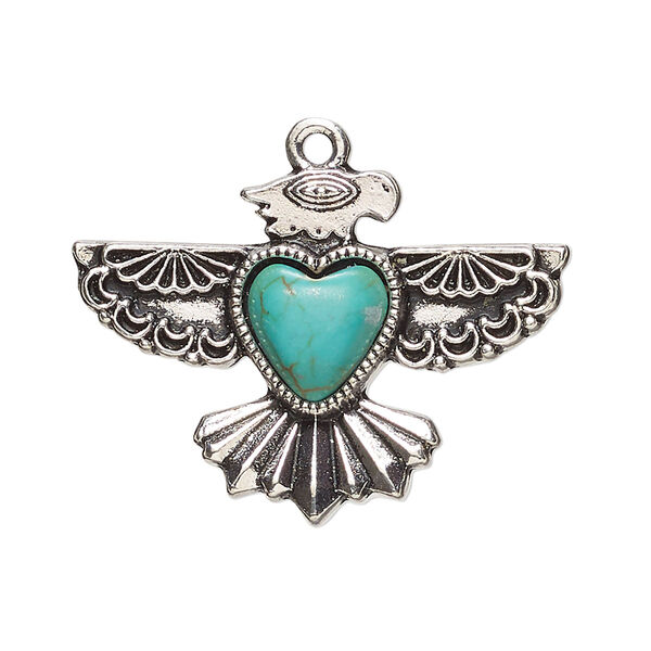 Focal, antique silver-finished "pewter" (zinc-based alloy) and "turquoise" (resin) (imitation), turquoise blue, 34x24mm single-sided eagle. Sold per pkg of 2. image number 0