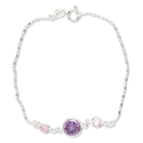 Bracelet, cubic zirconia and sterling silver, pink and dark amethyst purple, 5mm and 8mm faceted round, 7 inches with springring clasp. Sold individually. image number 0