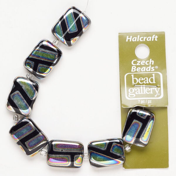 Bead 1pkg7, dichroic glass, opaque black and multicolored, 20x15mm flat rectangle. image number 0