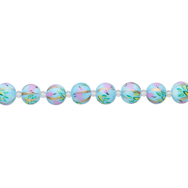 Bead, glass 1pkg8, blue / purple / green, 14mm round with hand-painted bird. image number 1