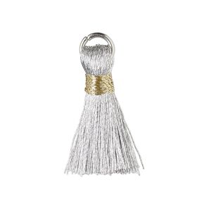 Tassel, cotton and imitation rhodium-finished steel, metallic silver and gold, 20-24mm mini tassel with 6mm open jump ring. Sold per pkg of 4.
