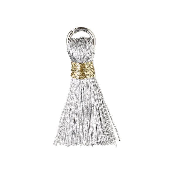 Tassel, cotton and imitation rhodium-finished steel, metallic silver and gold, 20-24mm mini tassel with 6mm open jump ring. Sold per pkg of 4. image number 0