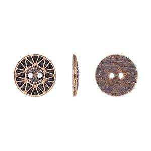 Button, antiqued copper-finished "pewter" (zinc-based alloy), 12.5mm single-sided flat round with sunburst design. Sold per pkg of 50.
