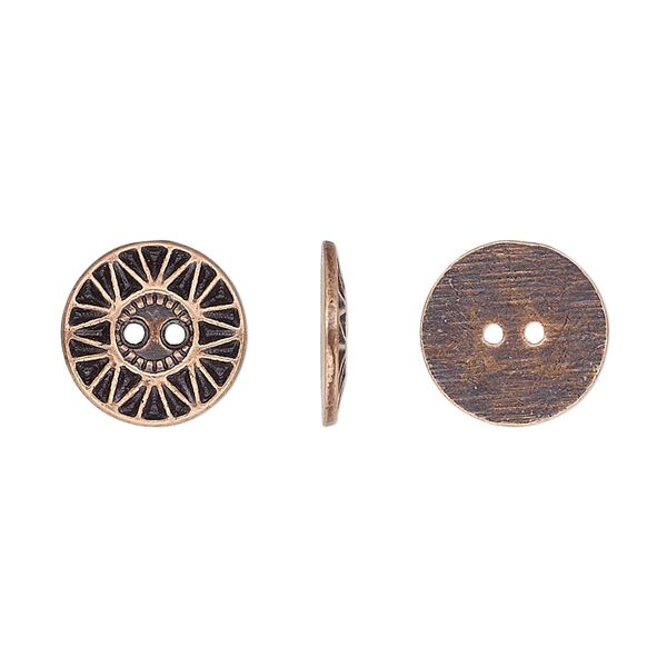 Button, antiqued copper-finished "pewter" (zinc-based alloy), 12.5mm single-sided flat round with sunburst design. Sold per pkg of 50. image number 0