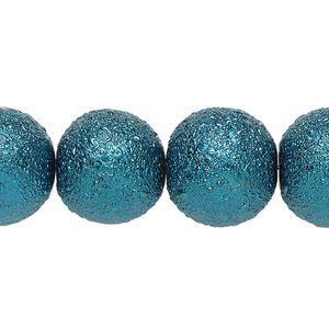 Bead, glass, opaque teal, 16mm textured round. Sold per 15-1/2" to 16" strand.